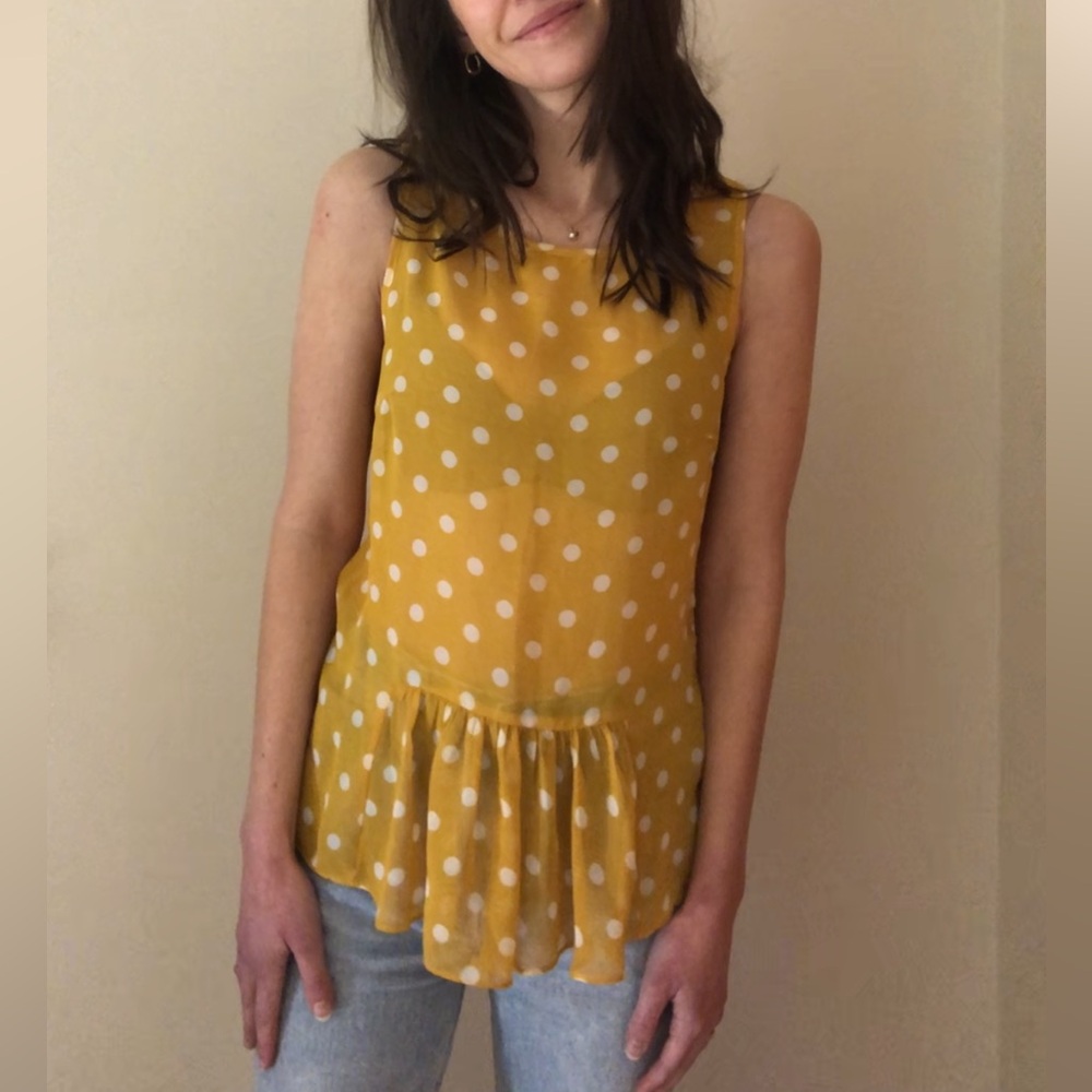 Twee Sheer Peplum Top- Dopamine Yellow Polka Dot, Vintage inspired- Like New- XS
